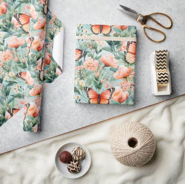 Orange Butterfly Orange Grönt Blommigt Presentpapper (Hantverk)