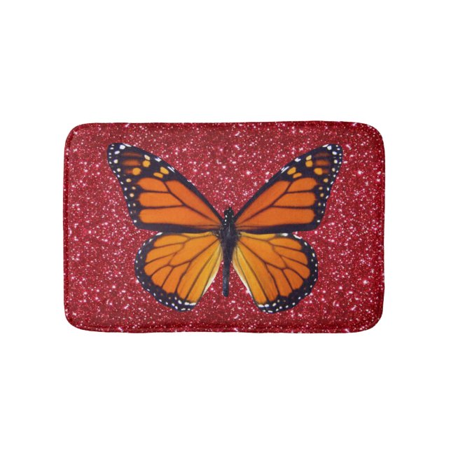 Orange Butterfly på Red Glitter Bath Mat Badrumsmatta (Framsidan)