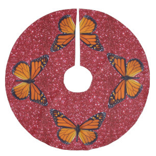Orange Butterfly på Red Glitter Träd Skirt Julgransmatta Borstad Polyester