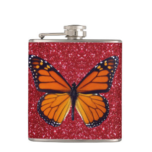 Orange Butterfly på röd Glitter-kolv Fickplunta