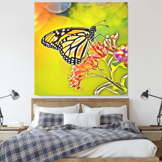 Orange Butterfly på Rosa Blommar Design Canvastryck (Insitu (sovrum))