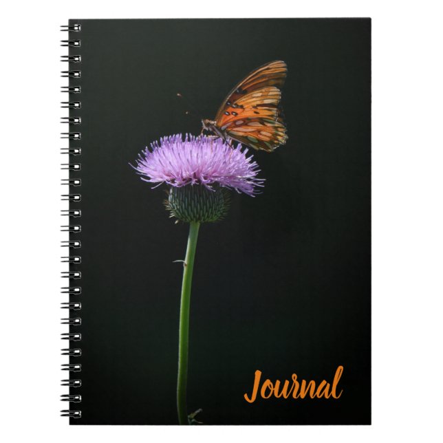 Orange Butterfly vid Lila Flower Journal Anteckningsbok (Framsidan)