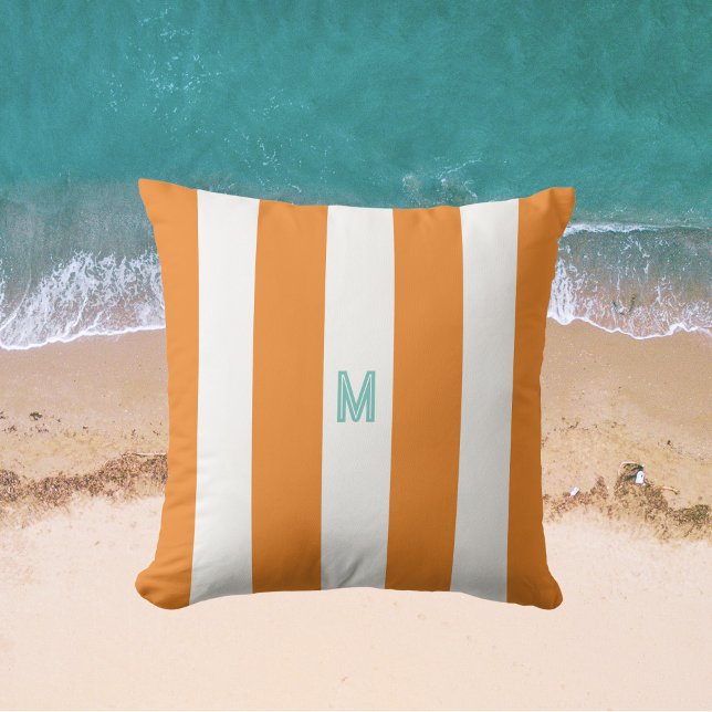 Orange Cabana Rand & Personlig Teal Monogram Kudde (Skapare uppladdad)