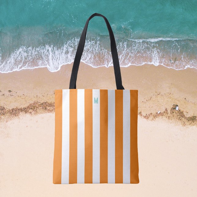 Orange Cabana Rand & Personlig Teal Monogram Tygkasse (Skapare uppladdad)