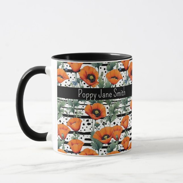 Orange California Poppies Black and White Rand Mugg (Vänster)