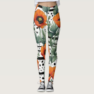 Orange California Poppies Black Rand and Dots Leggings