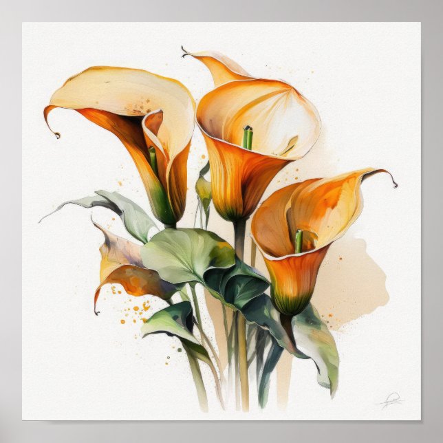 Orange Calla Lilior Lilja Blomma Konsttryck Affisc Poster (Framsidan)