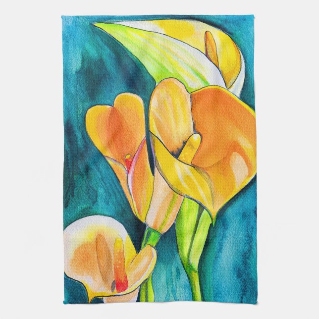Orange Calla lily-blommans vattenfärgskonst Kökshandduk (Vertikal)