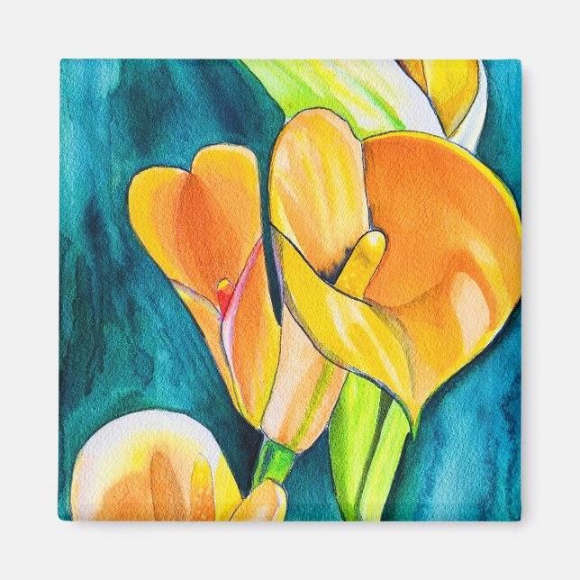 Orange Calla lily-blommans vattenfärgskonst Magnet (Framsidan)