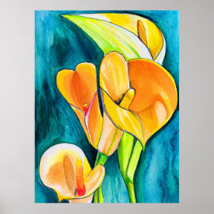 Orange Calla lily-blommans vattenfärgskonst Poster