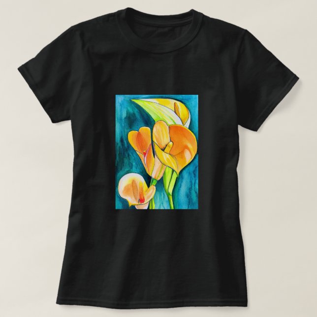 Orange Calla lily-blommans vattenfärgskonst T Shirt (Design framsida)