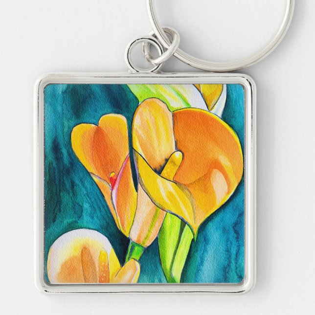 Orange Callalilja blomma akvarell konst Fyrkantig Silverfärgad Nyckelring (Framsidan)