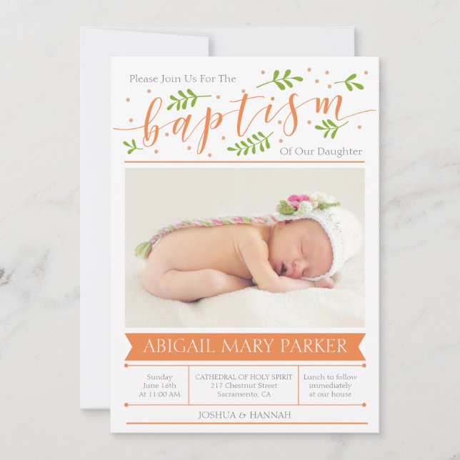 Orange Calligraphy Baptism Photo Inbjudningskort (Framsida)