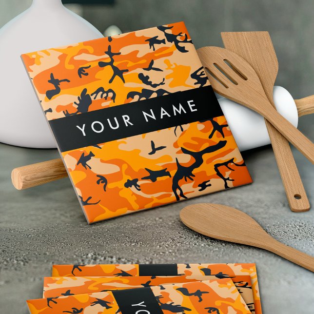 Orange Camouflage Ditt namn anpassar Kakelplatta (Skapare uppladdad)