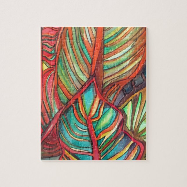 Orange Canna blad vattenfärg original konst Pussel (Vertikal)