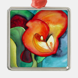 Orange Canna liljeblom original akvarellkonst Julgransprydnad Metall