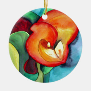 Orange Canna lily-blomman, originalvattenfärgskons Julgransprydnad Keramik