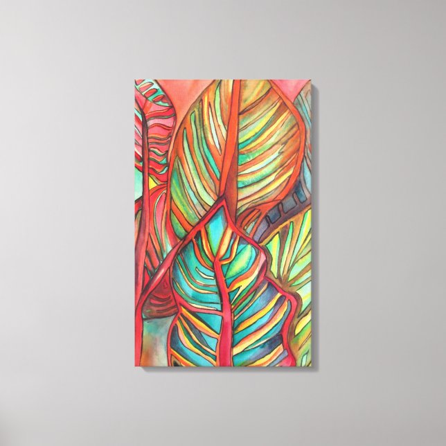 Orange Canna löv vattenfärgsoriginalteckning Canvastryck (Framsida)