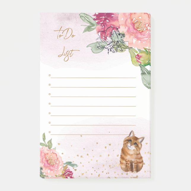 Orange Cat and Flowers Girl to Do List Post-it Block (Framsida)
