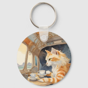 Orange Cat Drinking Tea Nyckelring