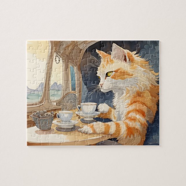 Orange Cat Drinking Tea Pussel (Horisontell)