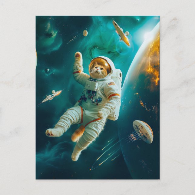 Orange cat floating in space with debris helg vykort (Framsida)