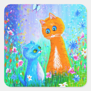 Orange Cat Flowers Creationarts Square-streck Fyrkantigt Klistermärke
