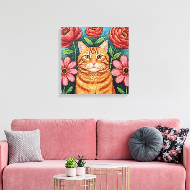 Orange Cat Folk Art Flowers Canvastryck (Insitu (Vardagsrum))