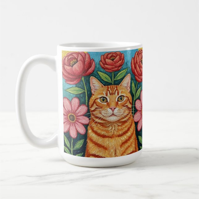 Orange Cat Folk Art Flowers Kaffemugg (Vänster)