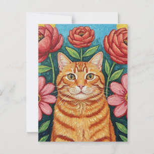 Orange Cat Folk Art Flowers Vykort