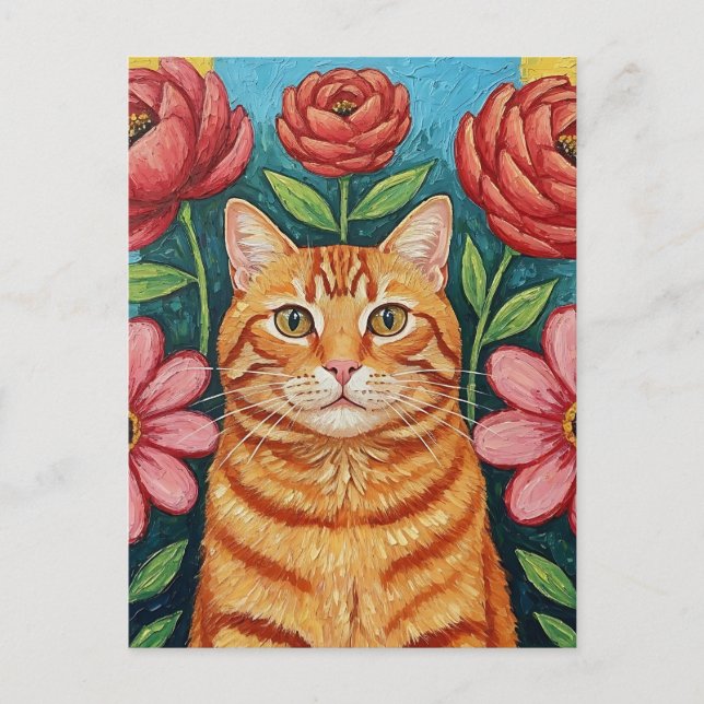 Orange Cat Folk Art Flowers Vykort (Framsida)