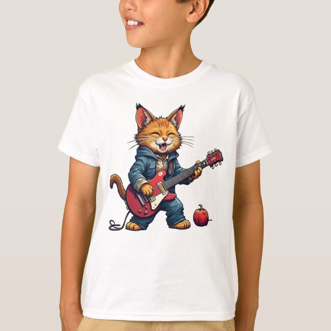 Orange Cat Guitar Player T Shirt (Framsida)