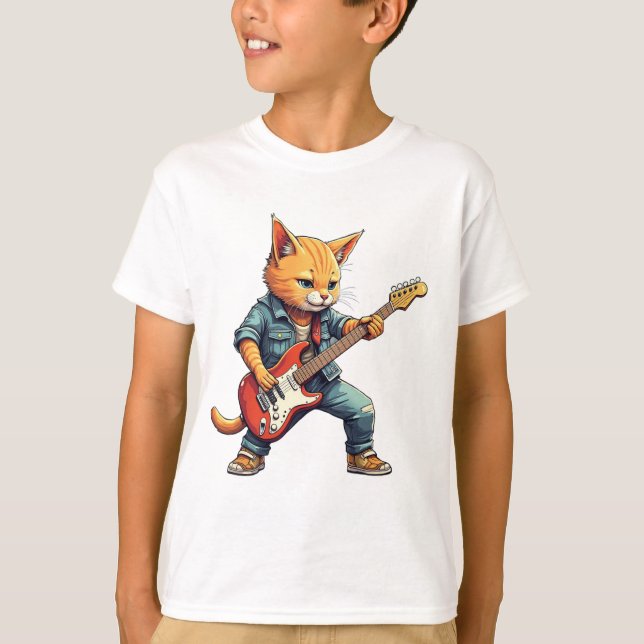Orange Cat Guitar Player T Shirt (Framsida)