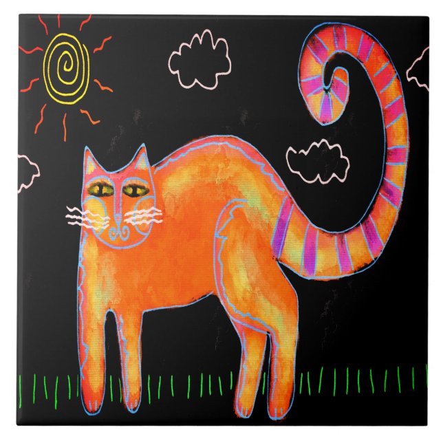 Orange Cat i Sol Abstrakt Digital Painting Kakelplatta (Framsidan)