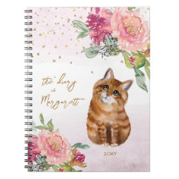 Orange Cat Illustration Flowers Girl Daily Diary Anteckningsbok
