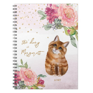 Orange Cat Illustration Flowers Girl Daily Diary Anteckningsbok