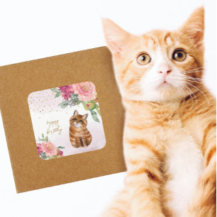 Orange Cat Illustration Grattis på födelsedagen Gi Fyrkantigt Klistermärke