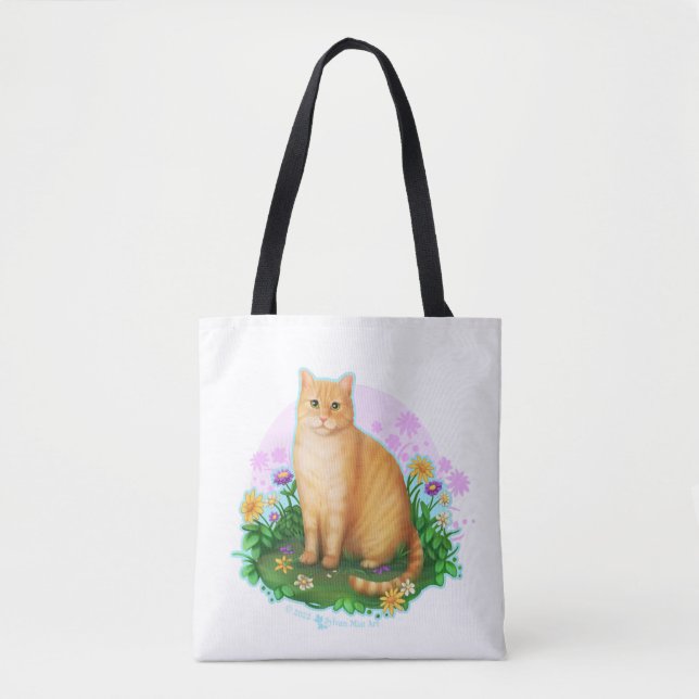 Orange Cat in the Flower Patch Tote Bag Tygkasse (Framsida)