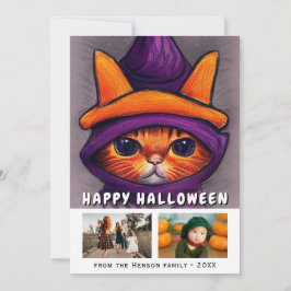 Orange Cat Lila Witch Hat 2 Foton Halloween Julkort