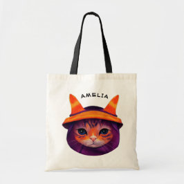 Orange Cat Lila Witch Hat Fantasy Halloween Tygkasse