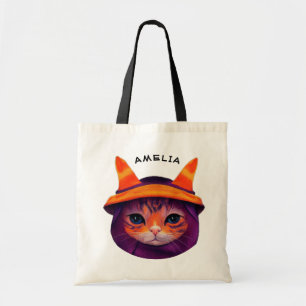 Orange Cat Lila Witch Hat Fantasy Halloween Tygkasse