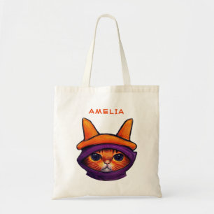 Orange Cat Lila Witch Hat Fantasy Halloween Tygkasse
