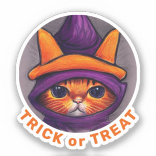 Orange Cat Lila Witch Hat Trick Treat Halloween Klistermärken