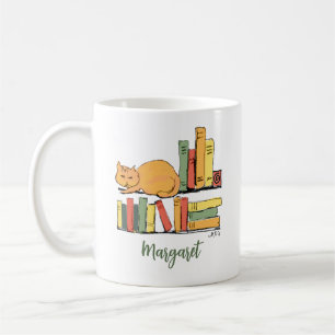 Orange Cat på Bookshelf Hand plockade Cute Bibliot Kaffemugg