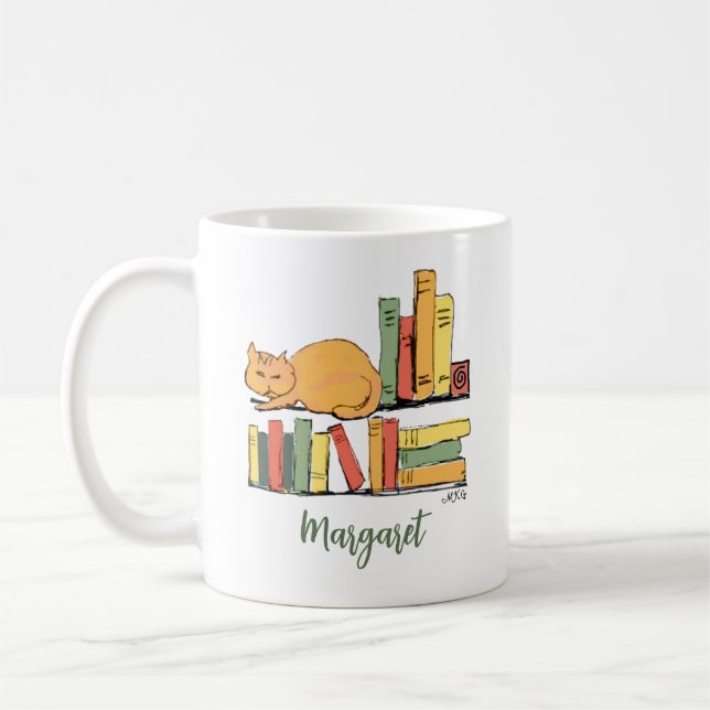Orange Cat på Bookshelf Hand plockade Cute Bibliot Kaffemugg (Vänster)