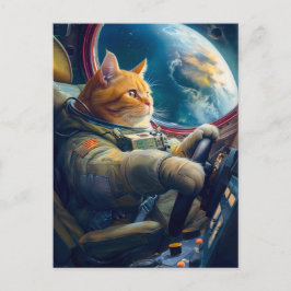 Orange cat piloting spacecraft in orbit helg vykort