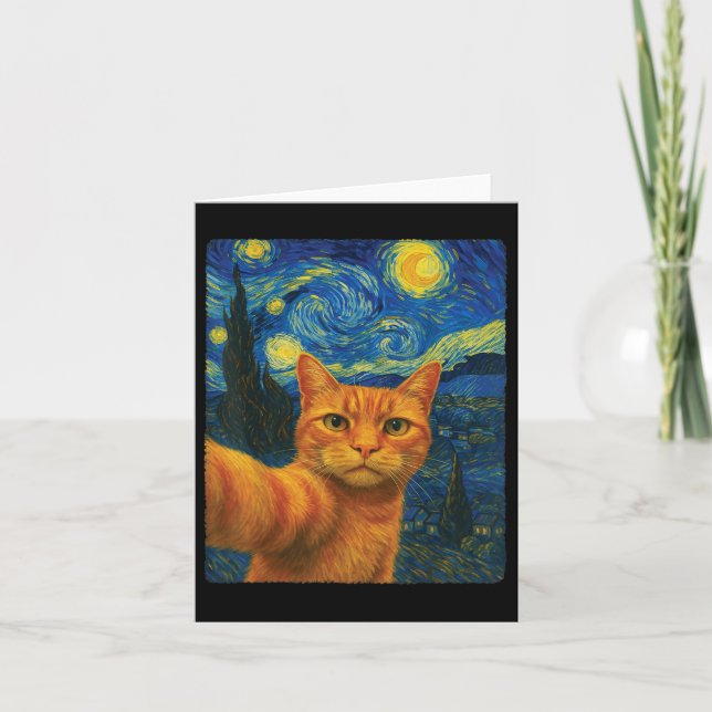 Orange Cat Selfie Van Goghs Starry Night Cat Mamma Kort (Framsida)