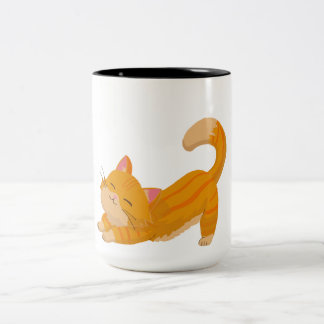 Orange Cat stretching Två-Tonad Mugg