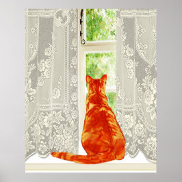 Orange Cat Tittar ut Windows Traditional Art Poster