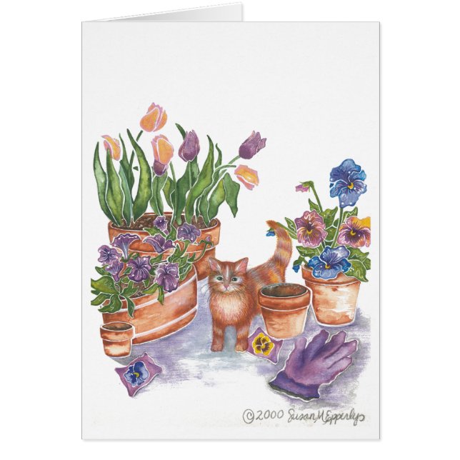 Orange Cat Tulips Pansies Watercolor ’Archibald’ Hälsningskort (Framsidan)